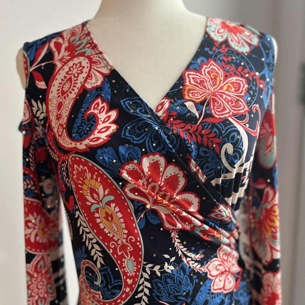 Joseph Ribkoff Midnight & Red Paisley Stretch Knit Cold-Shoulder Dress – US 10